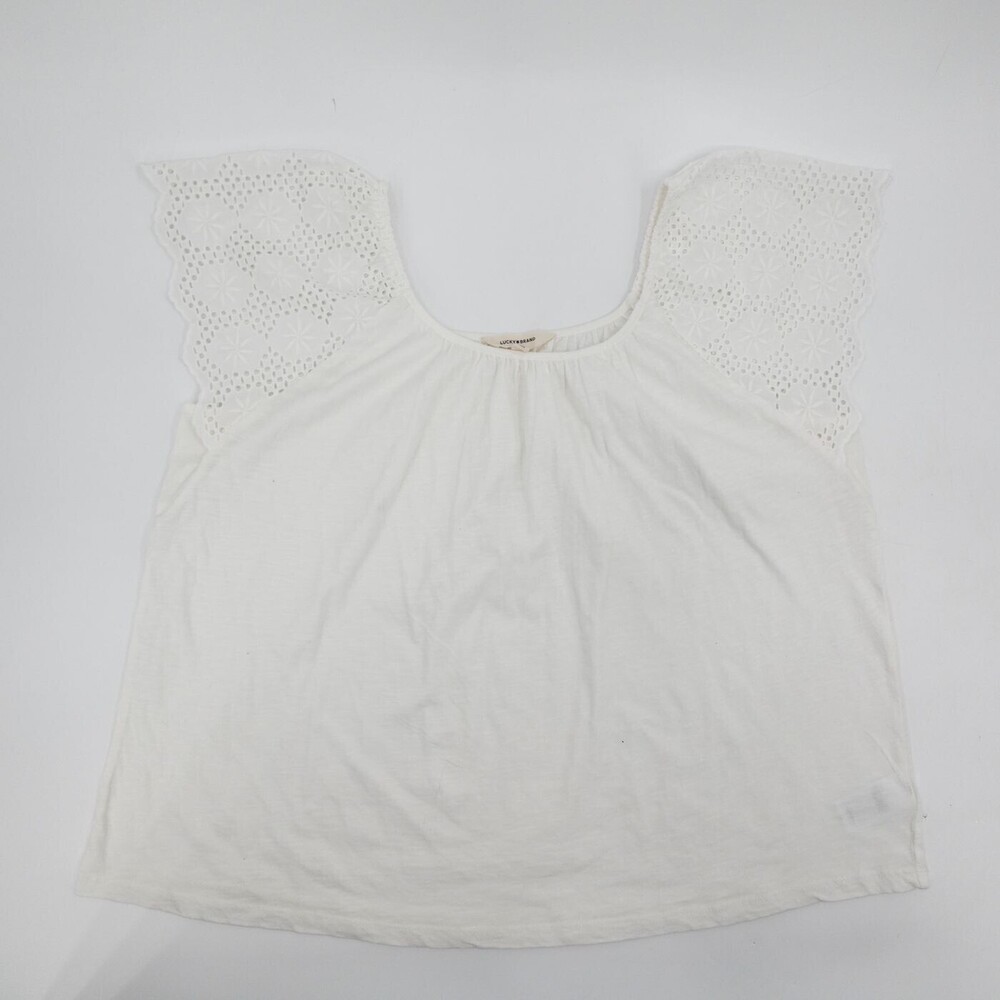 Lucky Brand Shirt Womens XL White Flutter Sleeve Eyelet Lace Scoop Neck Casual